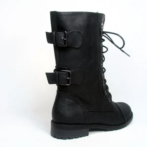 Women's Combat Round Toe Military Lace Up Boots Shoes
