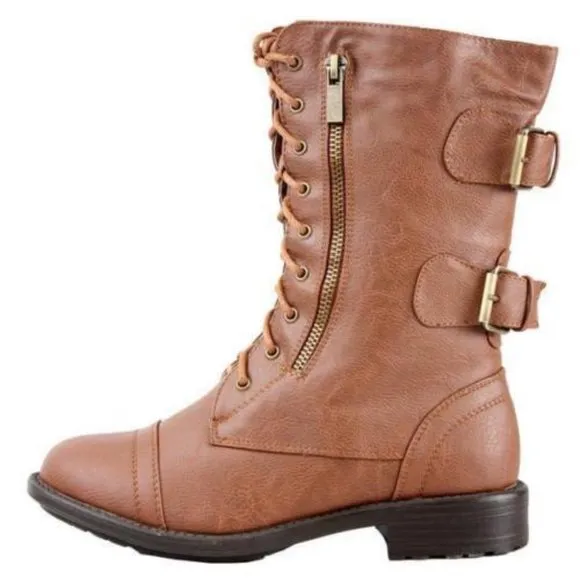 Women's Combat Round Toe Military Lace Up Boots Shoes