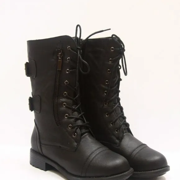 Women's Combat Round Toe Military Lace Up Boots Shoes