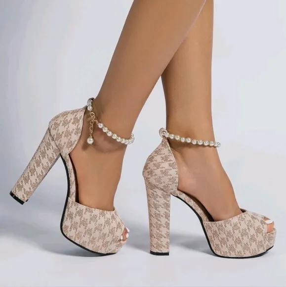 Women's Fashion High Heel Sandals,Faux Pearl Chain,Plus Size Round Toe,Sexy