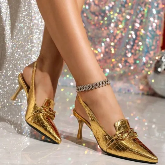 Women's Fashionable Open-Back Metal Chain Decor Pointy-Toe High Heel Sandals