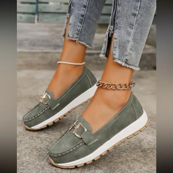 Women's Green Vegan Leather Loafers with Gold Buckle