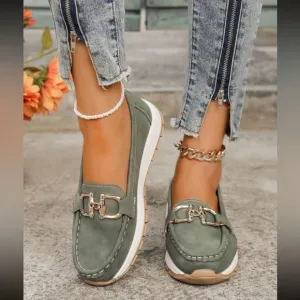 Women's Green Vegan Leather Loafers with Gold Buckle