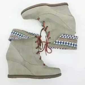 Women’s grey buckskin leather wedge boots size 8.