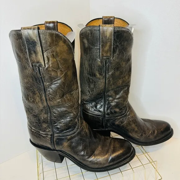 Women's Lucchese Western Boots Walnut Brown Leather Distressed Finish Size 10