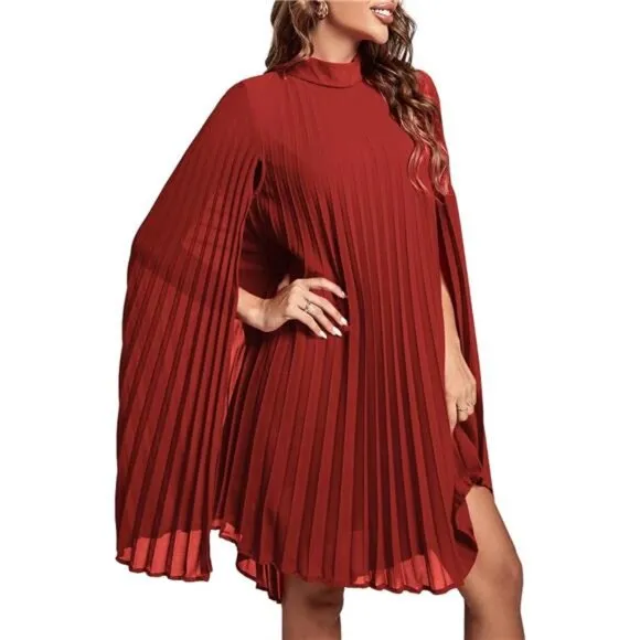 Women's Mock Neck Cloak Sleeve Pleated Keyhole Back Flowy Midi Dress, Red