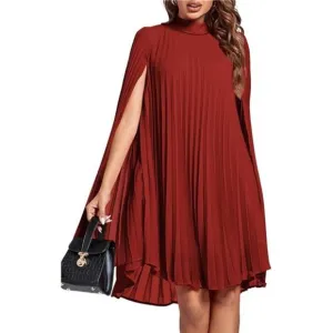 Women's Mock Neck Cloak Sleeve Pleated Keyhole Back Flowy Midi Dress, Red
