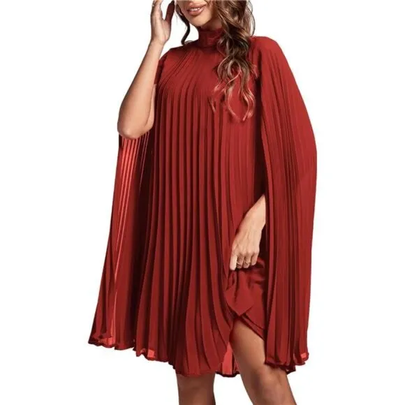 Women's Mock Neck Cloak Sleeve Pleated Keyhole Back Flowy Midi Dress, Red