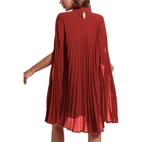 Women's Mock Neck Cloak Sleeve Pleated Keyhole Back Flowy Midi Dress, Red