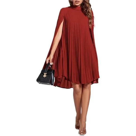 Women's Mock Neck Cloak Sleeve Pleated Keyhole Back Flowy Midi Dress, Red