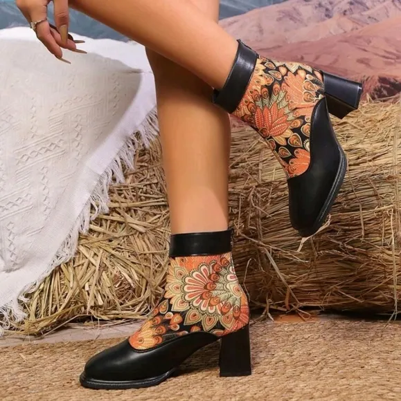 Women's Printed Short Boots, High Heel Square Toe Zipper Mid-Calf Boots