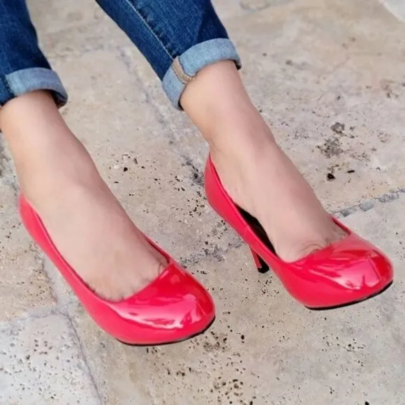 Women's Red PAT Low Heel Pumps Shoes