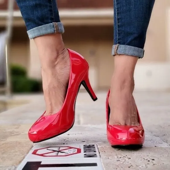 Women's Red PAT Low Heel Pumps Shoes