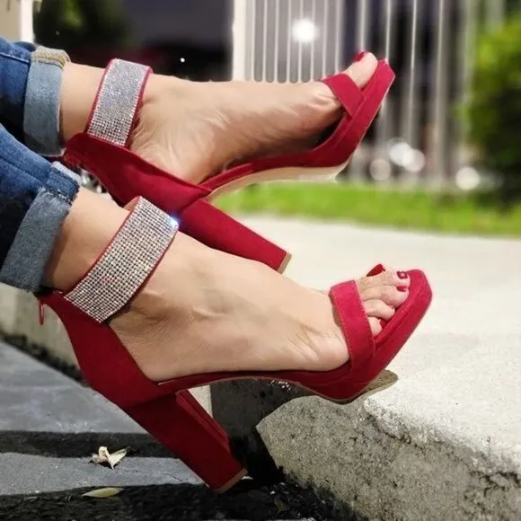 Women's Rhinestone Ankle Band Chunky High Heels Wine Color