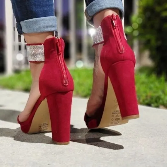 Women's Rhinestone Ankle Band Chunky High Heels Wine Color