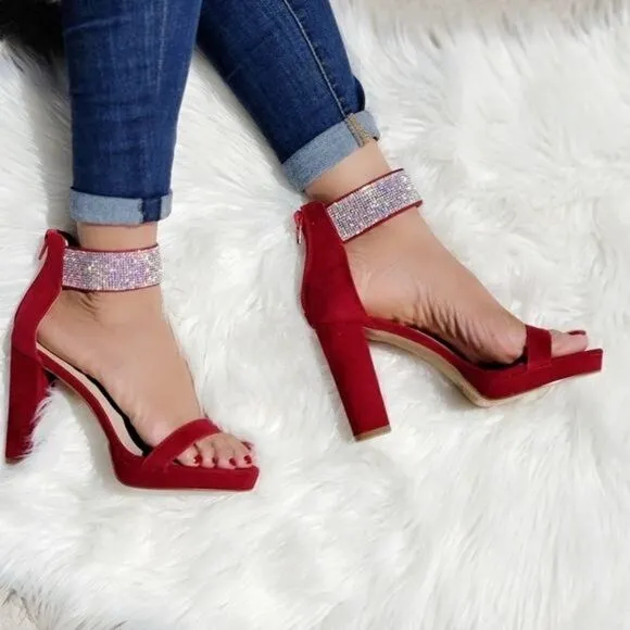 Women's Rhinestone Ankle Band Chunky High Heels Wine Color