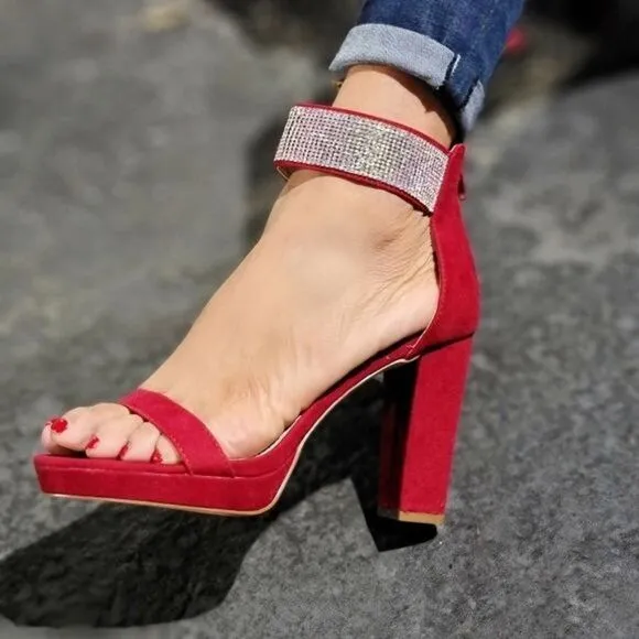 Women's Rhinestone Ankle Band Chunky High Heels Wine Color