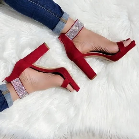 Women's Rhinestone Ankle Band Chunky High Heels Wine Color