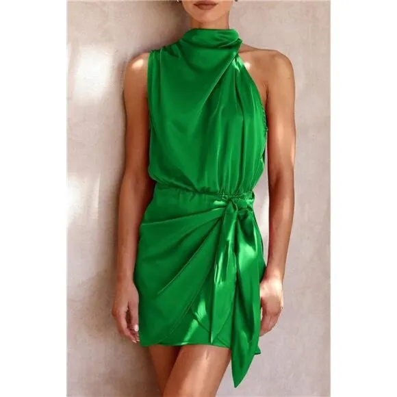 Women's Short Formal Satin Dress Brilliant Green