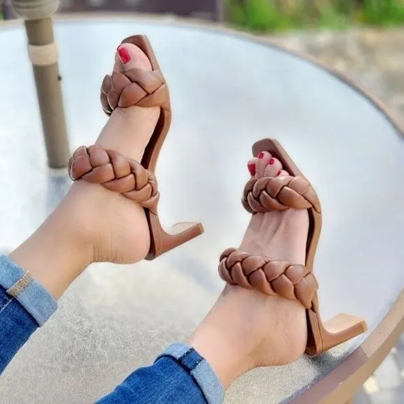 Women's Tan Double Braided Square Toe Mule Low Heel Sandal