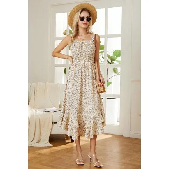 Women's Yellow Summer Floral Boho Dress Square Neck Long Maxi Dress