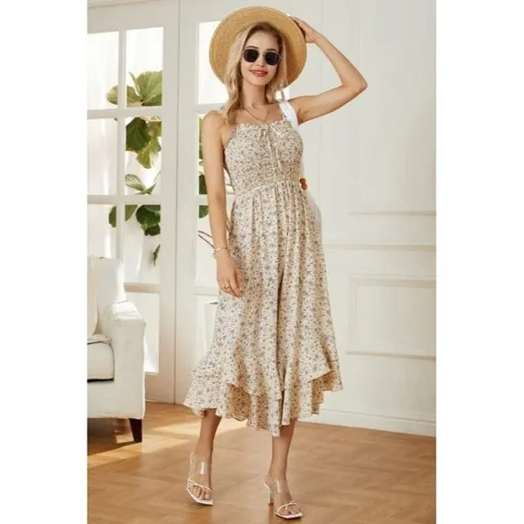 Women's Yellow Summer Floral Boho Dress Square Neck Long Maxi Dress