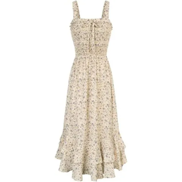 Women's Yellow Summer Floral Boho Dress Square Neck Long Maxi Dress