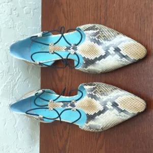 WORN ONCE Thierry Rabotin Leather Snakeskin Print Caged Flats Size EU 39 US 8.5