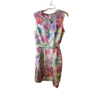 Worth New York Beaded Neckline Watercolor Sleeveless A Line Belted Dress Size 14