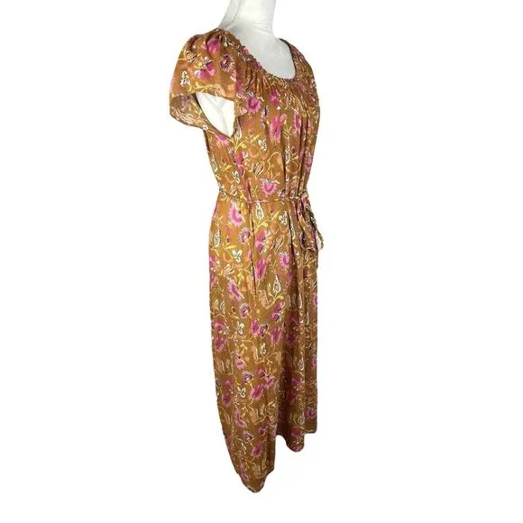 Xirena Poppy Off-The-Shoulder Midi Dress Sunset Floral Belted Pocket Size Medium