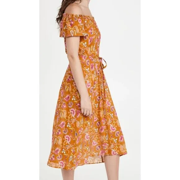 Xirena Poppy Off-The-Shoulder Midi Dress Sunset Floral Belted Pocket Size Medium