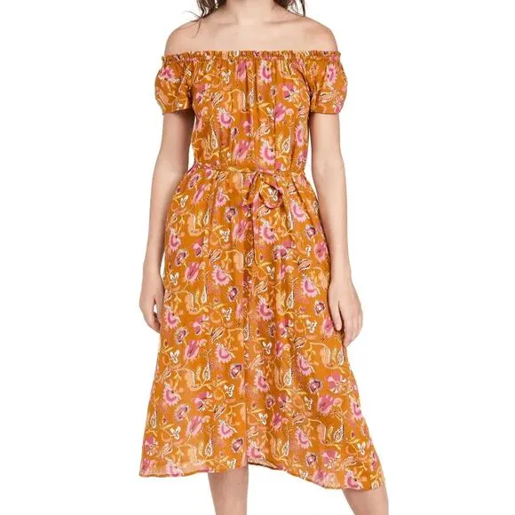 Xirena Poppy Off-The-Shoulder Midi Dress Sunset Floral Belted Pocket Size Medium