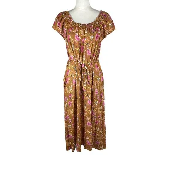 Xirena Poppy Off-The-Shoulder Midi Dress Sunset Floral Belted Pocket Size Medium