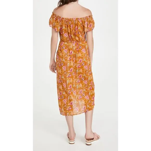 Xirena Poppy Off-The-Shoulder Midi Dress Sunset Floral Belted Pocket Size Medium
