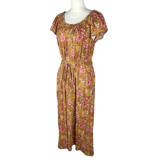 Xirena Poppy Off-The-Shoulder Midi Dress Sunset Floral Belted Pocket Size Medium