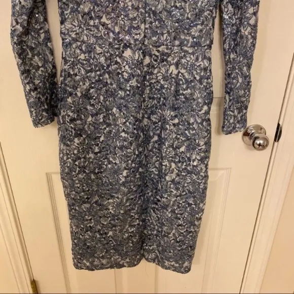Xscape Boat Neck Long Sleeve Sequin &amp; Lace Sheath Dress in Blue/Silver