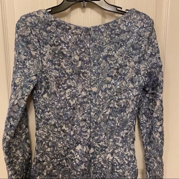 Xscape Boat Neck Long Sleeve Sequin &amp; Lace Sheath Dress in Blue/Silver