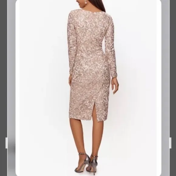 Xscape Boat Neck Long Sleeve Sequin &amp; Lace Sheath Dress in Blue/Silver