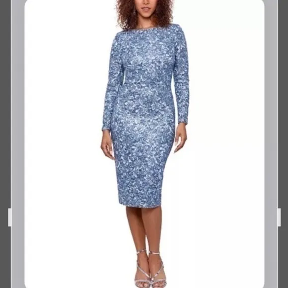 Xscape Boat Neck Long Sleeve Sequin &amp; Lace Sheath Dress in Blue/Silver