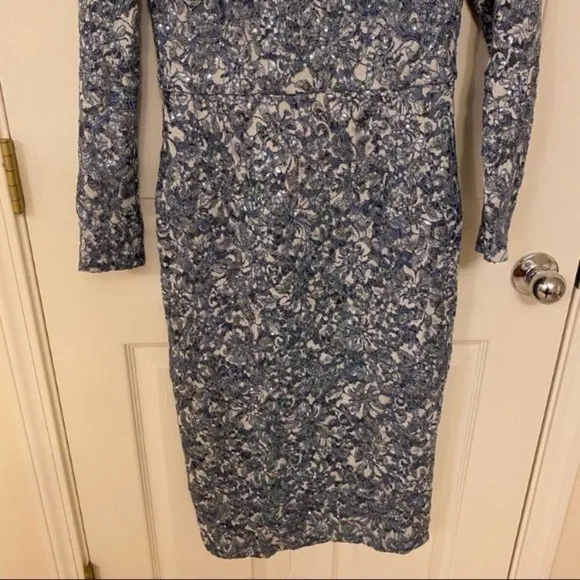 Xscape Boat Neck Long Sleeve Sequin &amp; Lace Sheath Dress in Blue/Silver
