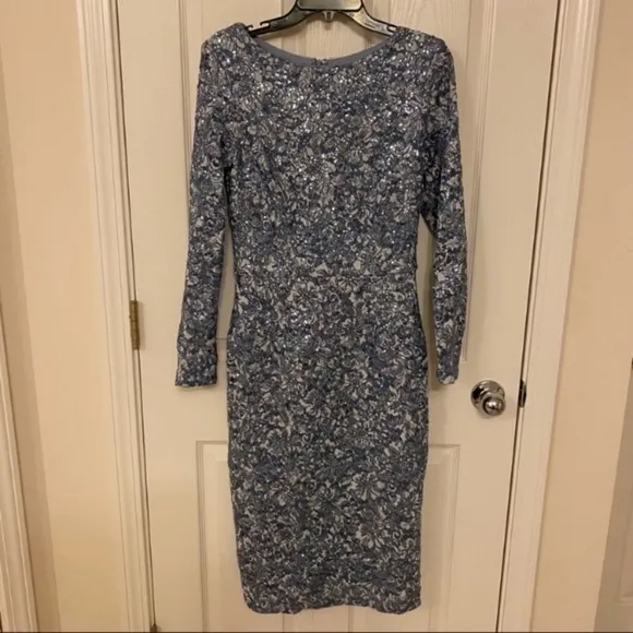 Xscape Boat Neck Long Sleeve Sequin &amp; Lace Sheath Dress in Blue/Silver