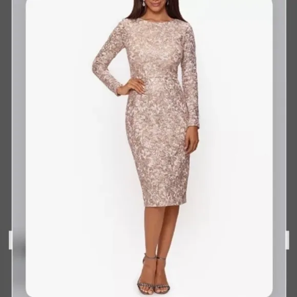 Xscape Boat Neck Long Sleeve Sequin &amp; Lace Sheath Dress in Blue/Silver
