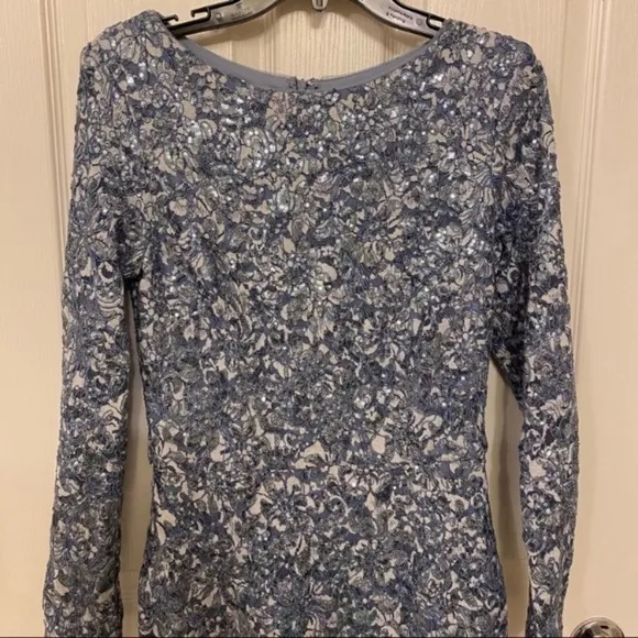 Xscape Boat Neck Long Sleeve Sequin &amp; Lace Sheath Dress in Blue/Silver