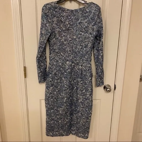 Xscape Boat Neck Long Sleeve Sequin &amp; Lace Sheath Dress in Blue/Silver