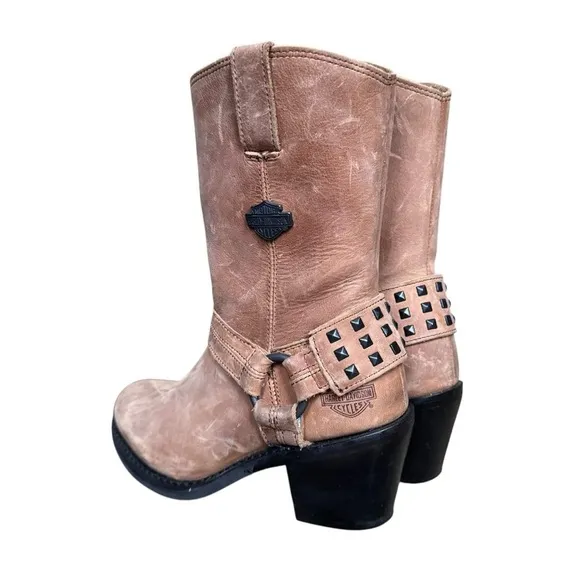 Y2k Harley Davidson biker grunge tan leather mid calf studded harness boots Sz 7