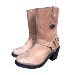 Y2k Harley Davidson biker grunge tan leather mid calf studded harness boots Sz 7