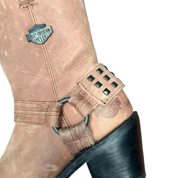Y2k Harley Davidson biker grunge tan leather mid calf studded harness boots Sz 7