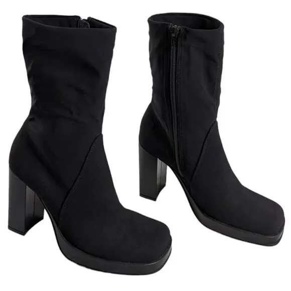 Y2k MIA Black Platform Square Toe Block Heel Side Zip Boots