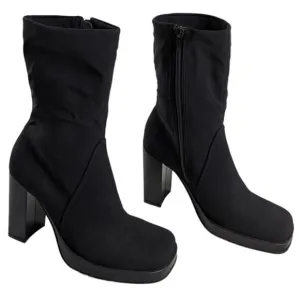 Y2k MIA Black Platform Square Toe Block Heel Side Zip Boots