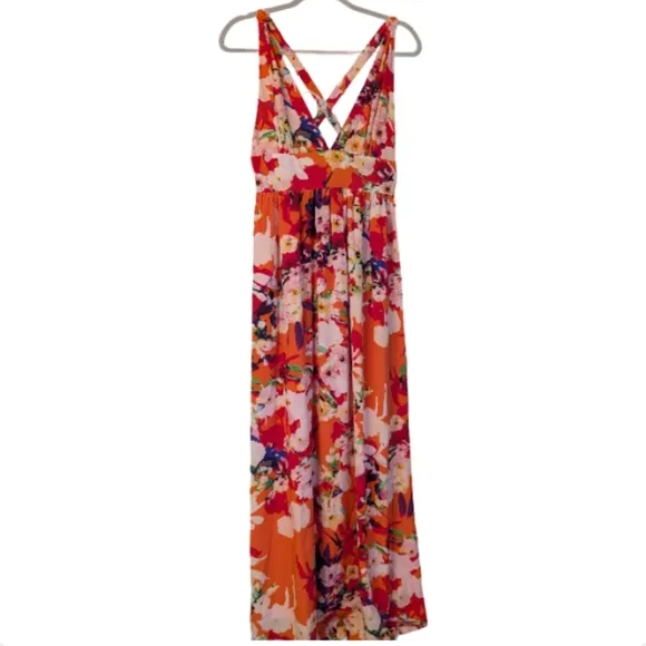 Yumi Kim Floral Maxi Dress Silk Orange Pink Vacation Summer Wedding Guest Small
